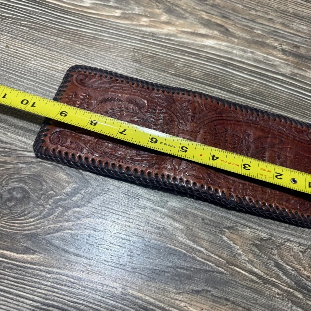 Vintage Hand Tooled Leather Fisherman Bass Wallet Whipstitch Bifold BrownWestern